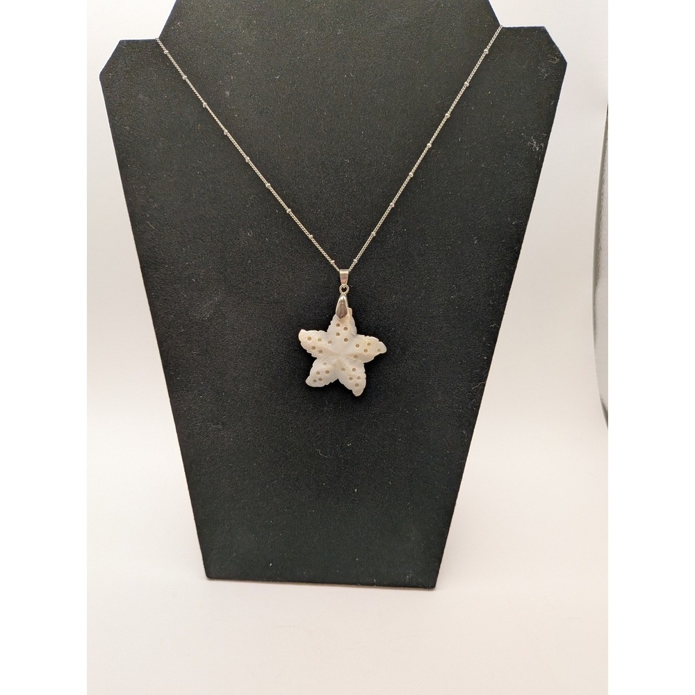 Mother of Pearl Starfish Pendant Necklace Silver Tone Satellite Chain 24 Inch